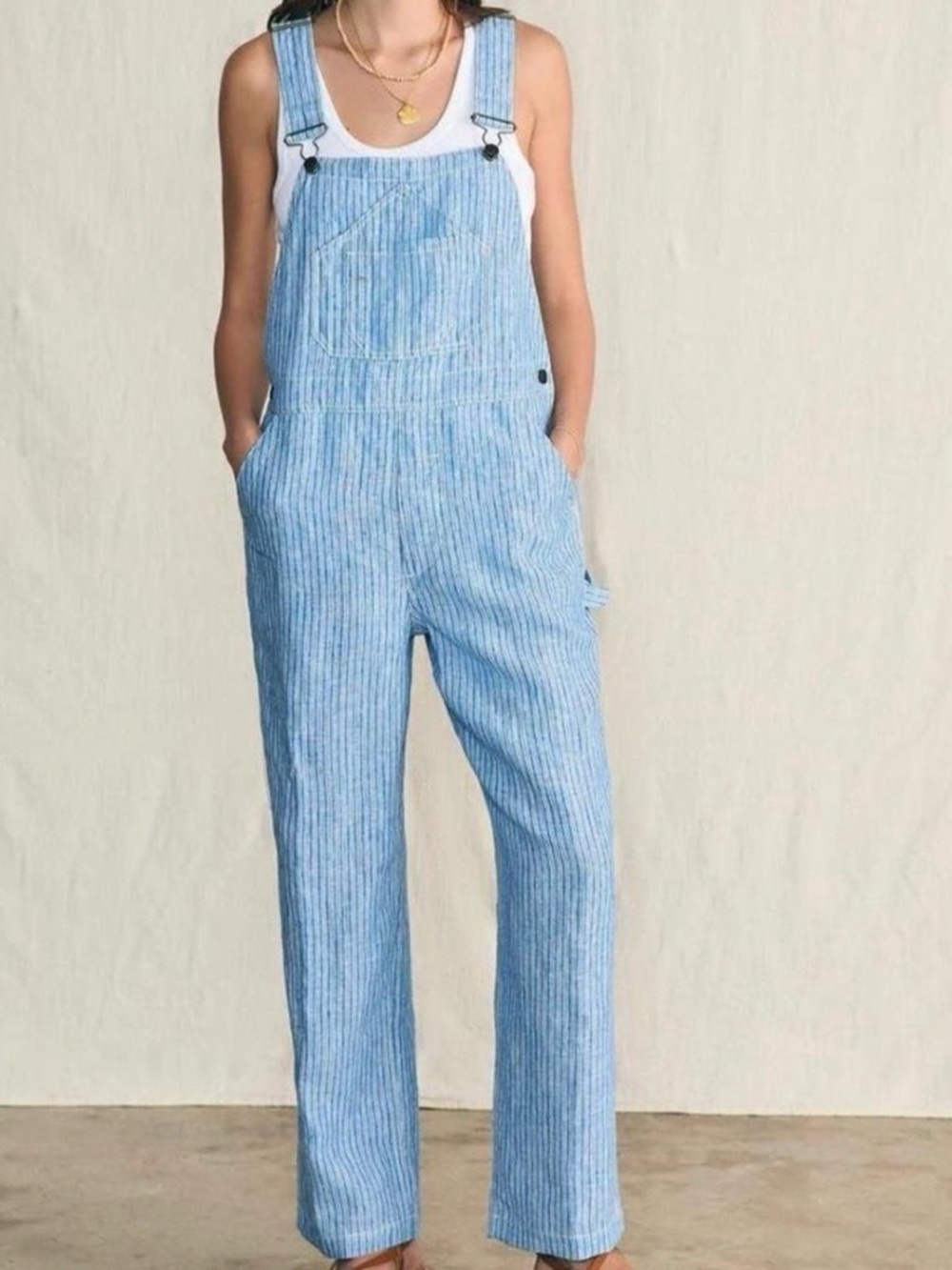 NWT Faherty Blue and White Striped Linen Wide-Leg Overalls Medium